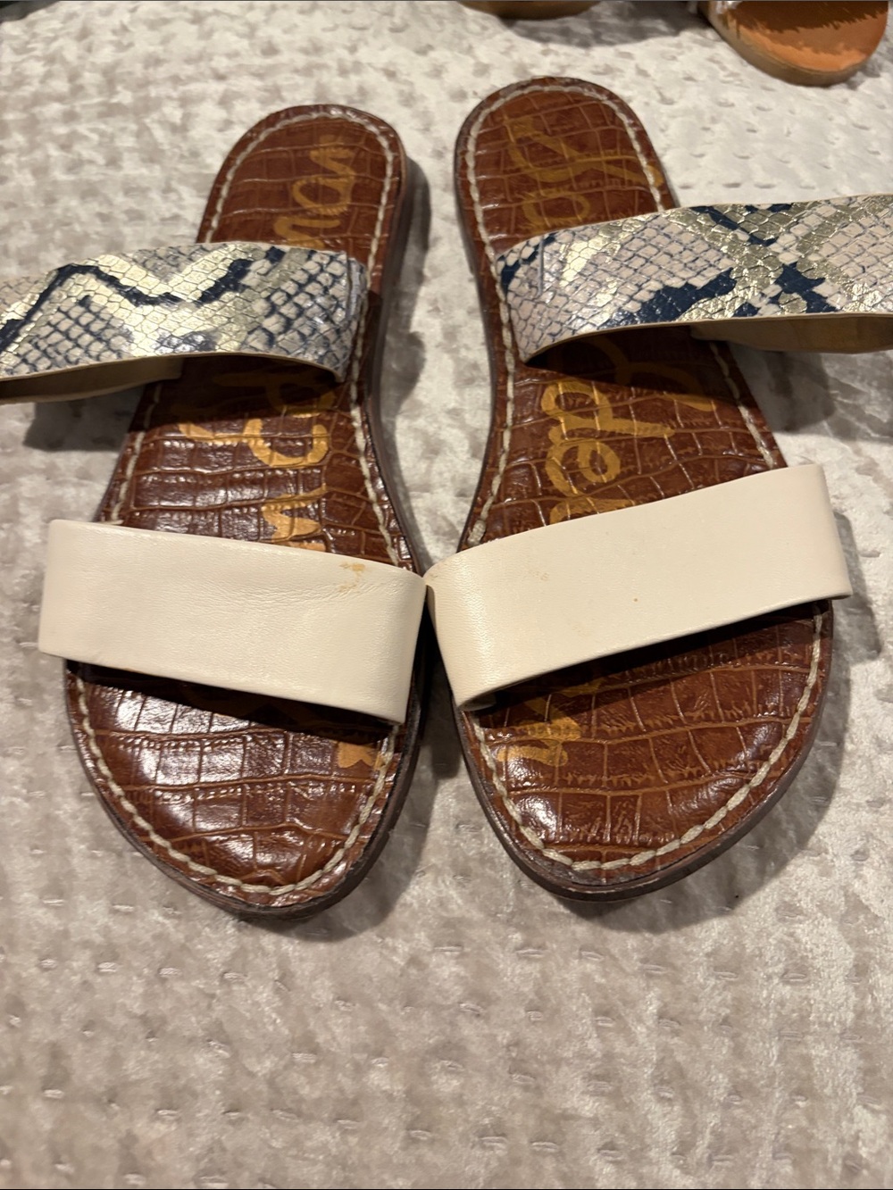 Sam Edelman White and Snakeskin Double-Strap Slide Sandals - Women